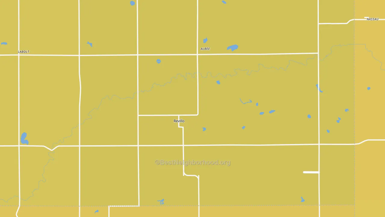 Map of the best neighborhoods in the 57259 area, with better matches in green and worse matches in red