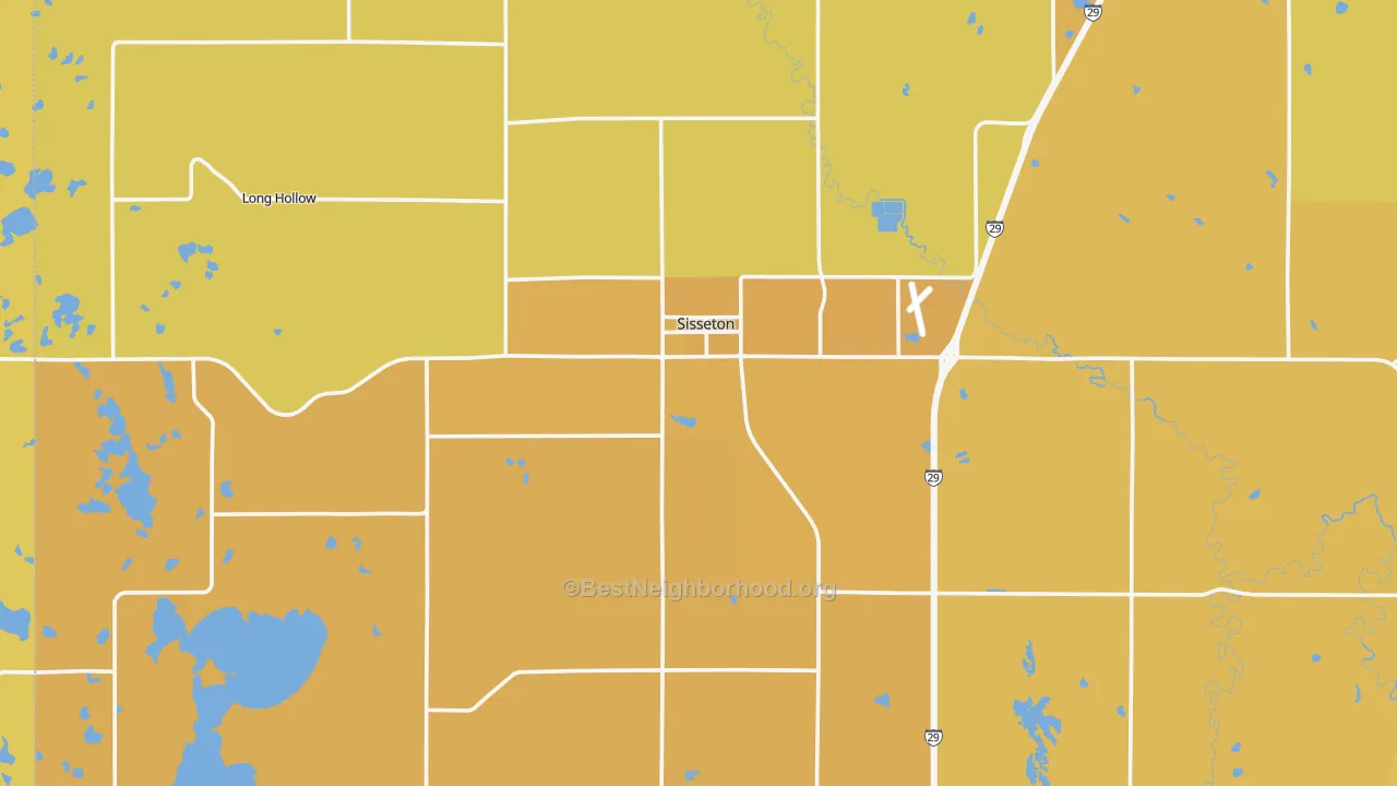 Map of the best neighborhoods in the 57262 area, with better matches in green and worse matches in red