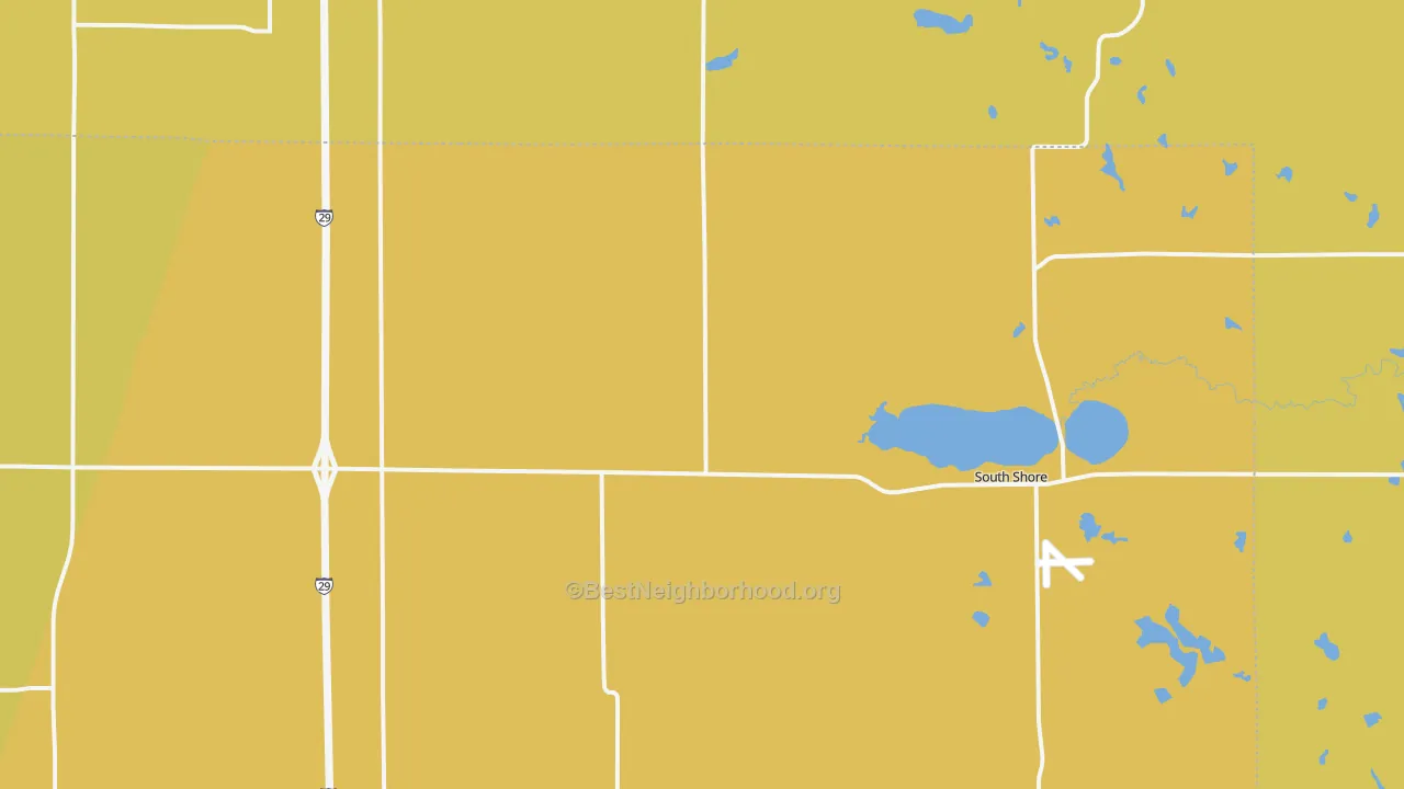 Map of the best neighborhoods in the 57263 area, with better matches in green and worse matches in red