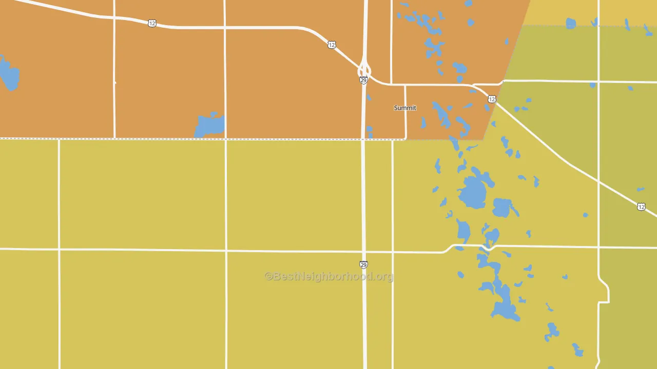 Map of the best neighborhoods in the 57266 area, with better matches in green and worse matches in red