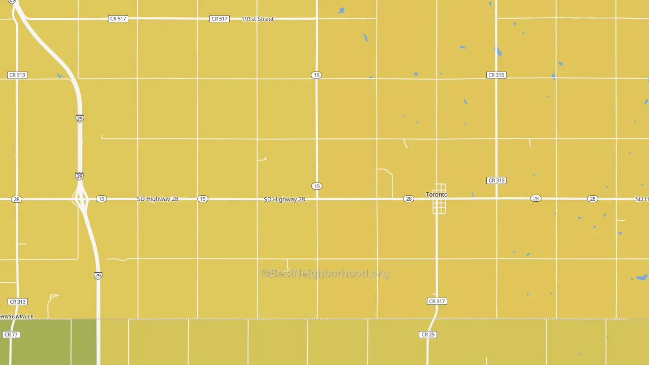 Map of the best neighborhoods in the 57268 area, with better matches in green and worse matches in red