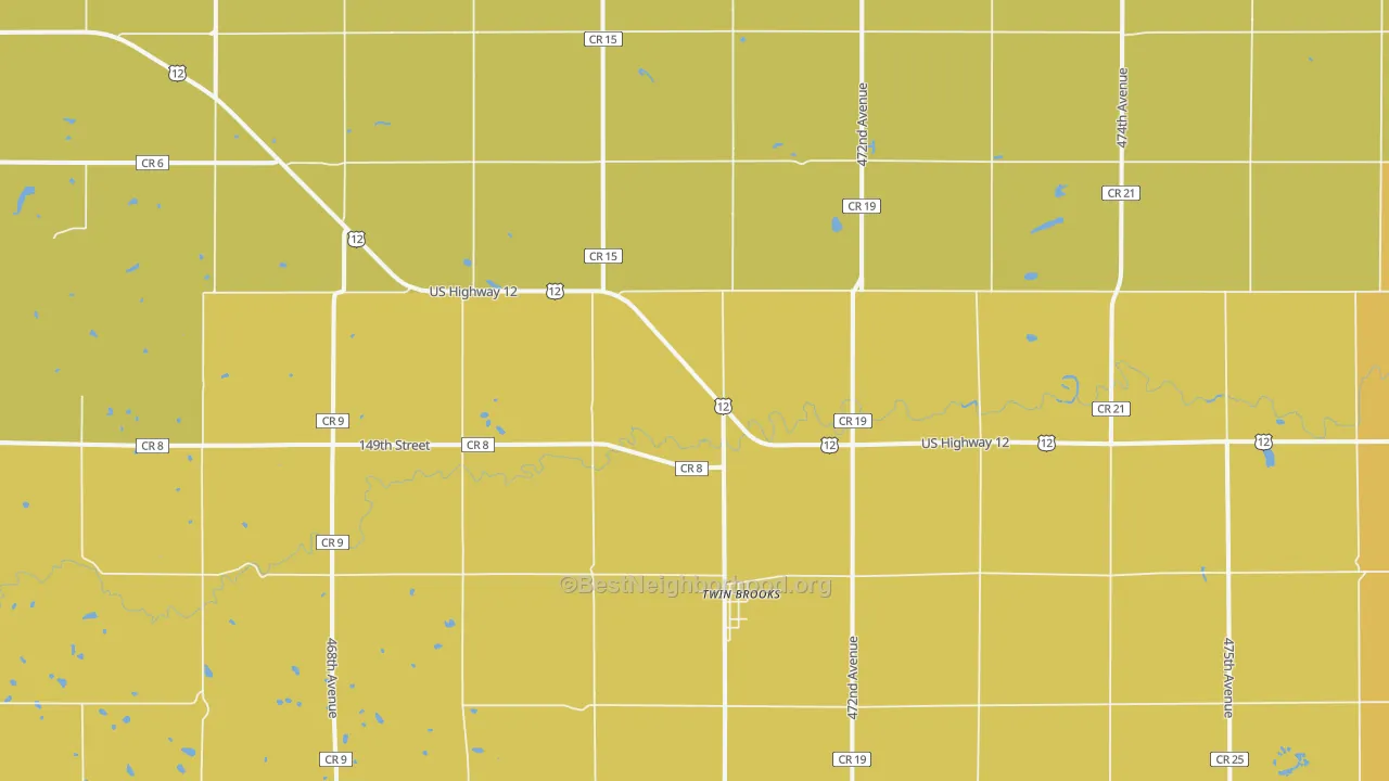 Map of the best neighborhoods in the 57269 area, with better matches in green and worse matches in red