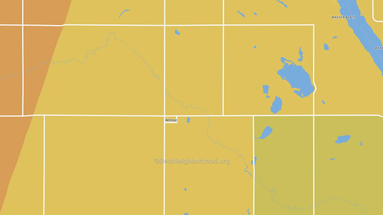 Map of the best neighborhoods in the 57279 area, with better matches in green and worse matches in red