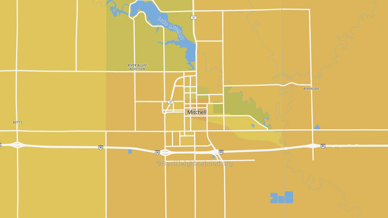 Map of the best neighborhoods in the 57301 area, with better matches in green and worse matches in red