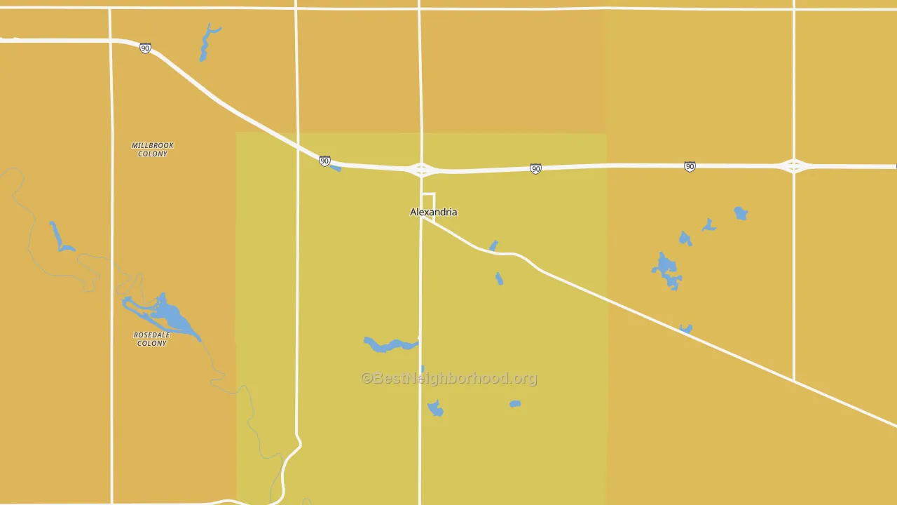 Map of the best neighborhoods in the 57311 area, with better matches in green and worse matches in red