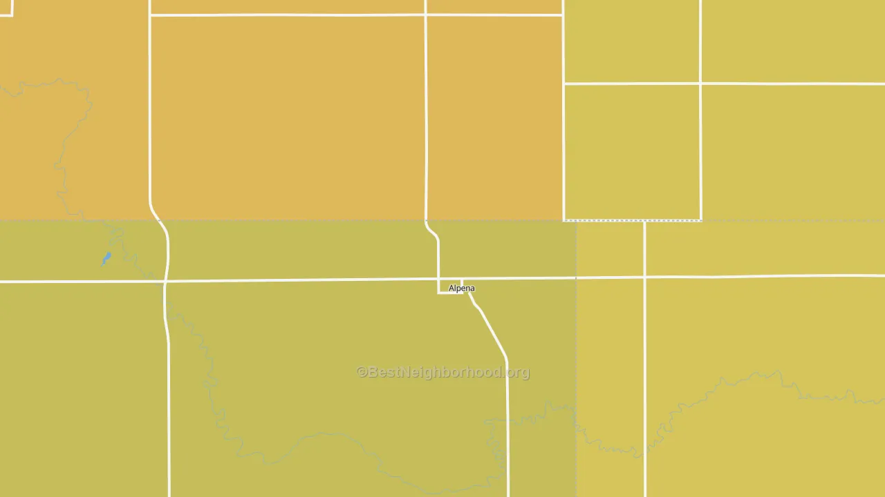 Map of the best neighborhoods in the 57312 area, with better matches in green and worse matches in red