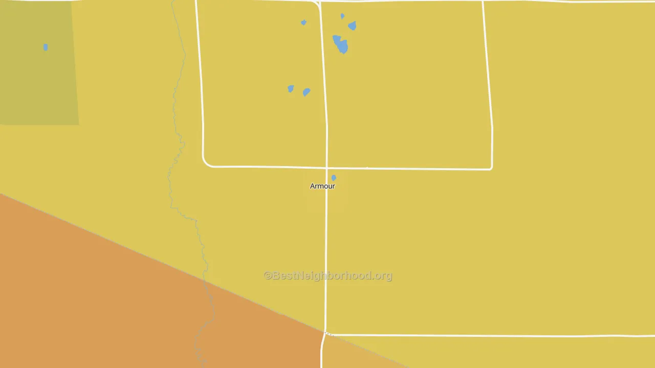 Map of the best neighborhoods in the 57313 area, with better matches in green and worse matches in red