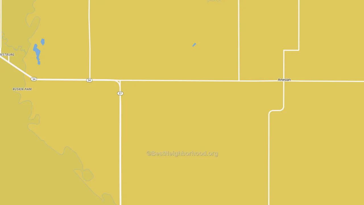 Map of the best neighborhoods in the 57314 area, with better matches in green and worse matches in red