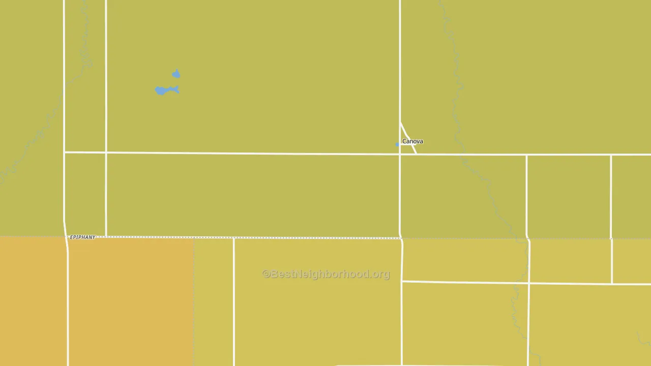 Map of the best neighborhoods in the 57321 area, with better matches in green and worse matches in red