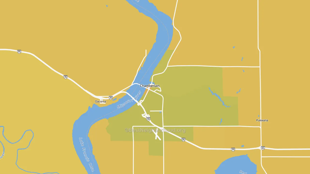 Map of the best neighborhoods in the 57325 area, with better matches in green and worse matches in red