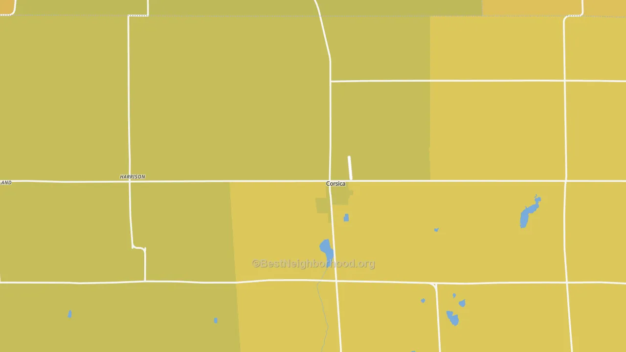 Map of the best neighborhoods in the 57328 area, with better matches in green and worse matches in red