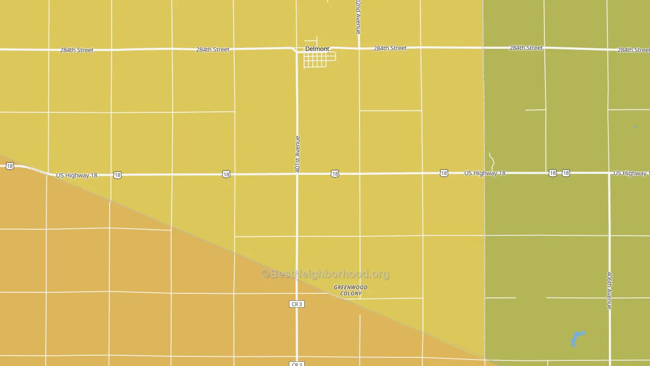 Map of the best neighborhoods in the 57330 area, with better matches in green and worse matches in red
