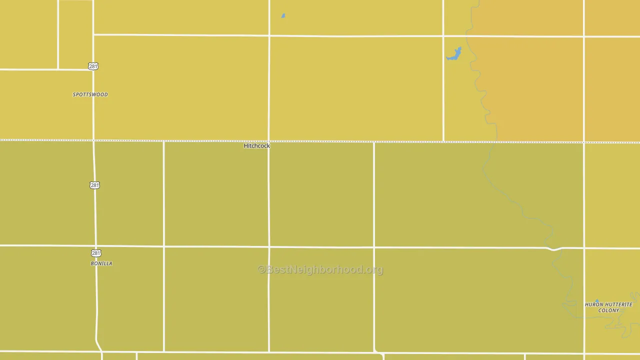 Map of the best neighborhoods in the 57348 area, with better matches in green and worse matches in red