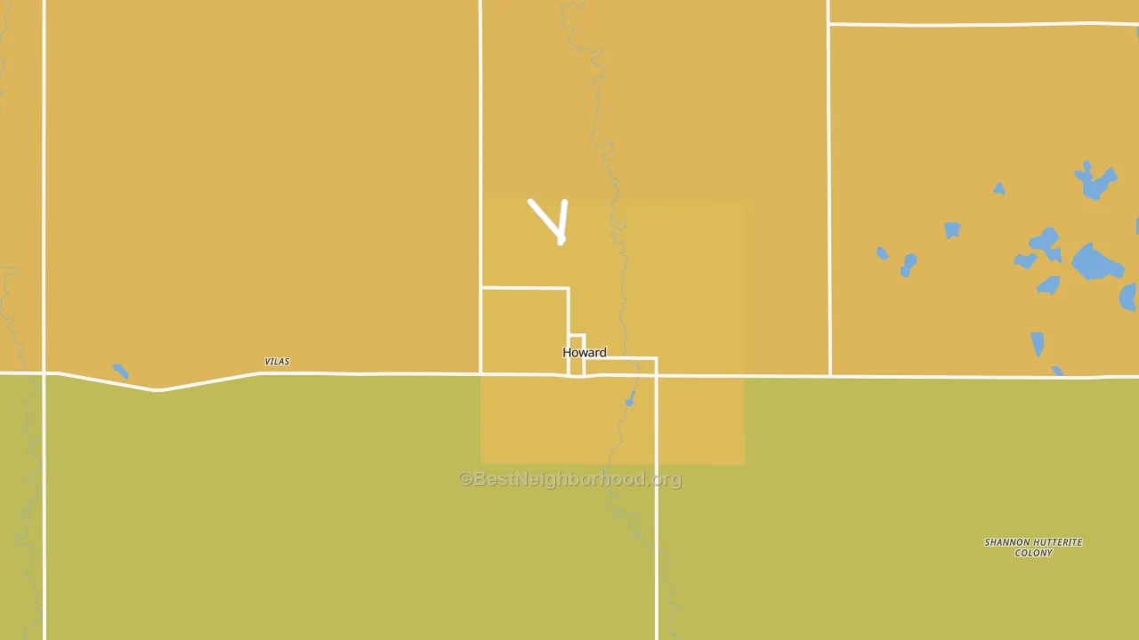 Map of the best neighborhoods in the 57349 area, with better matches in green and worse matches in red