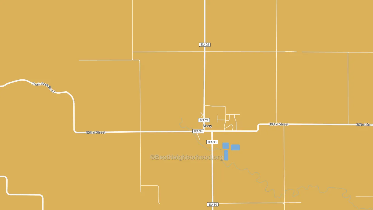 Map of the best neighborhoods in the 57361 area, with better matches in green and worse matches in red
