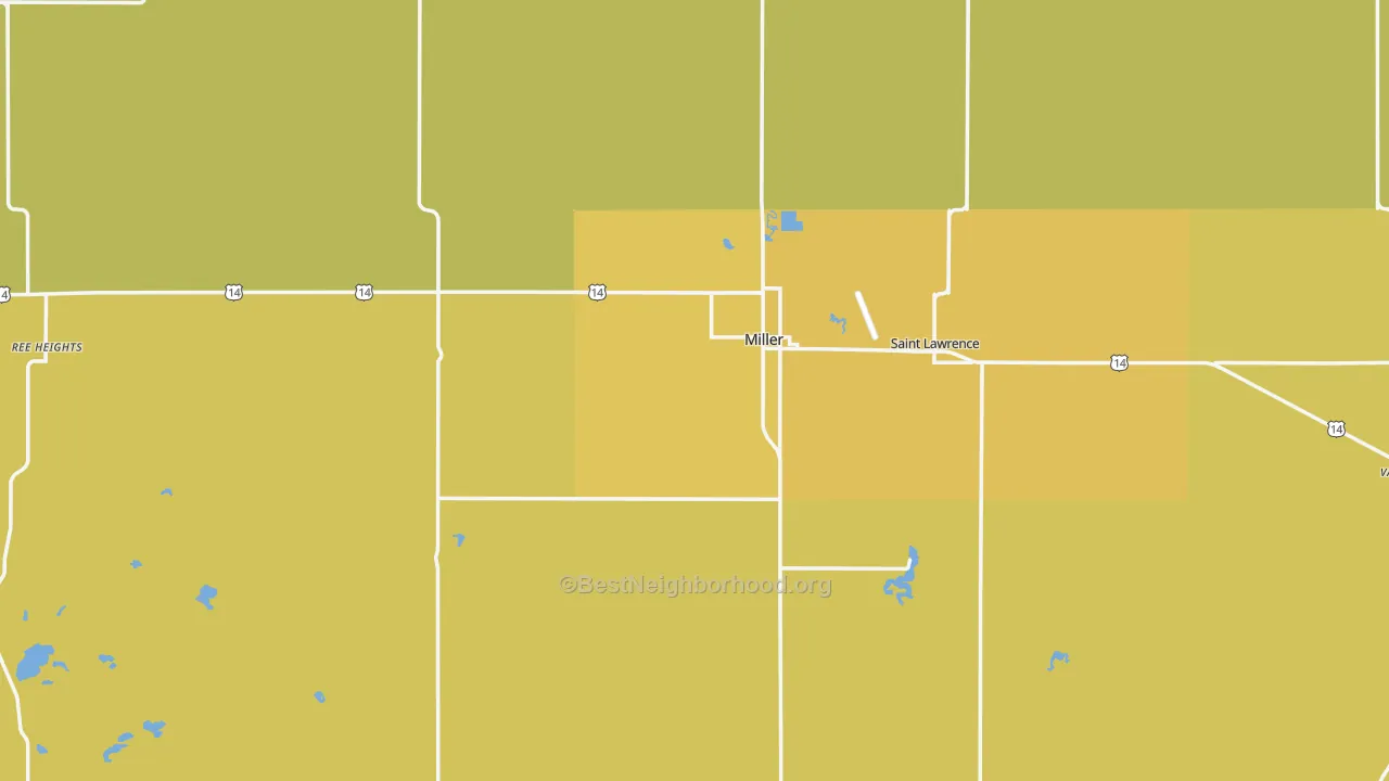 Map of the best neighborhoods in the 57362 area, with better matches in green and worse matches in red