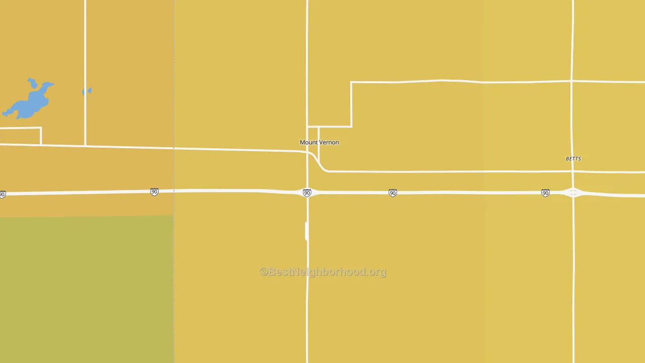Map of the best neighborhoods in the 57363 area, with better matches in green and worse matches in red