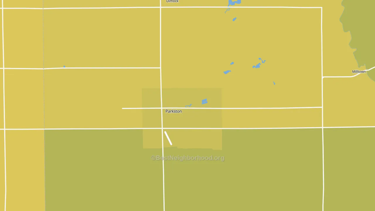 Map of the best neighborhoods in the 57366 area, with better matches in green and worse matches in red