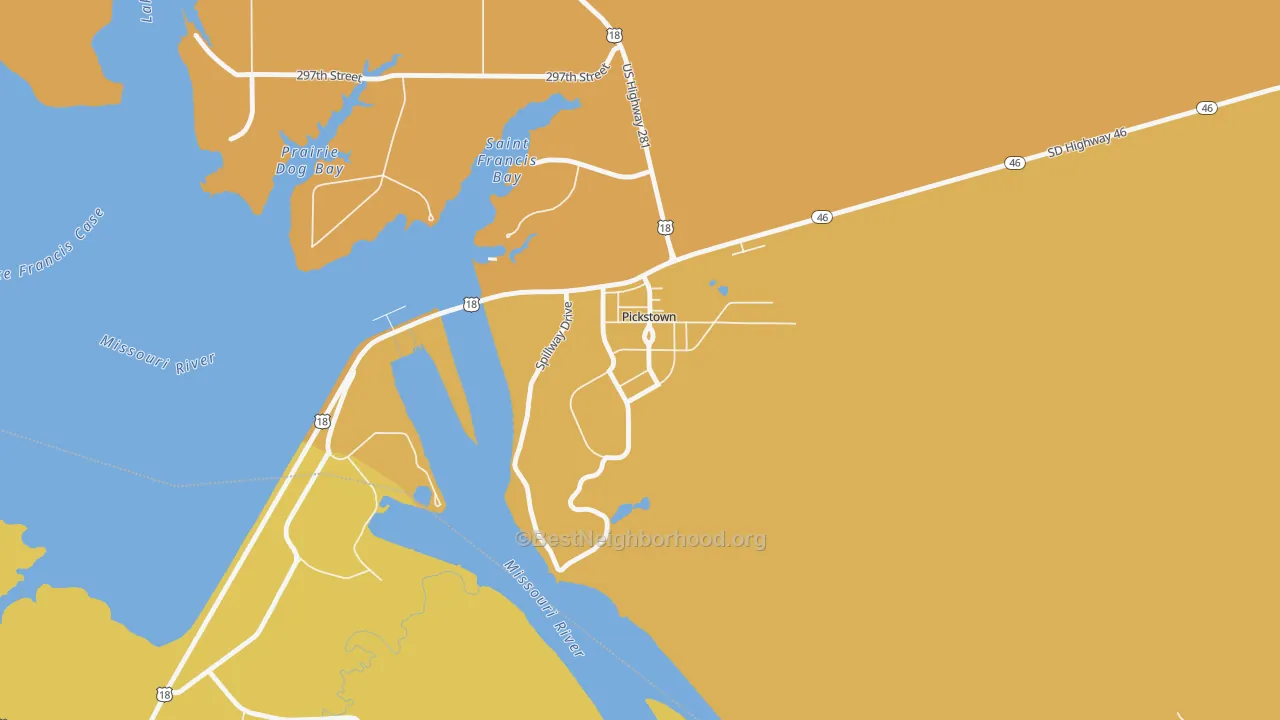 Map of the best neighborhoods in the 57367 area, with better matches in green and worse matches in red