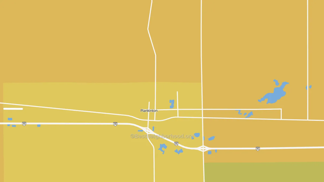 Map of the best neighborhoods in the 57368 area, with better matches in green and worse matches in red