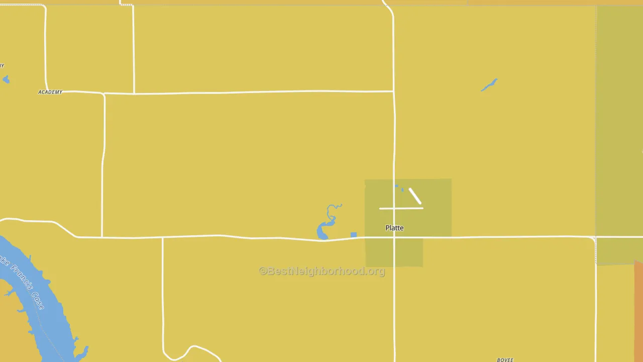 Map of the best neighborhoods in the 57369 area, with better matches in green and worse matches in red