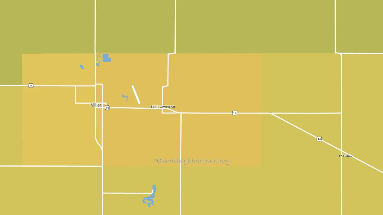 Map of the best neighborhoods in the 57373 area, with better matches in green and worse matches in red