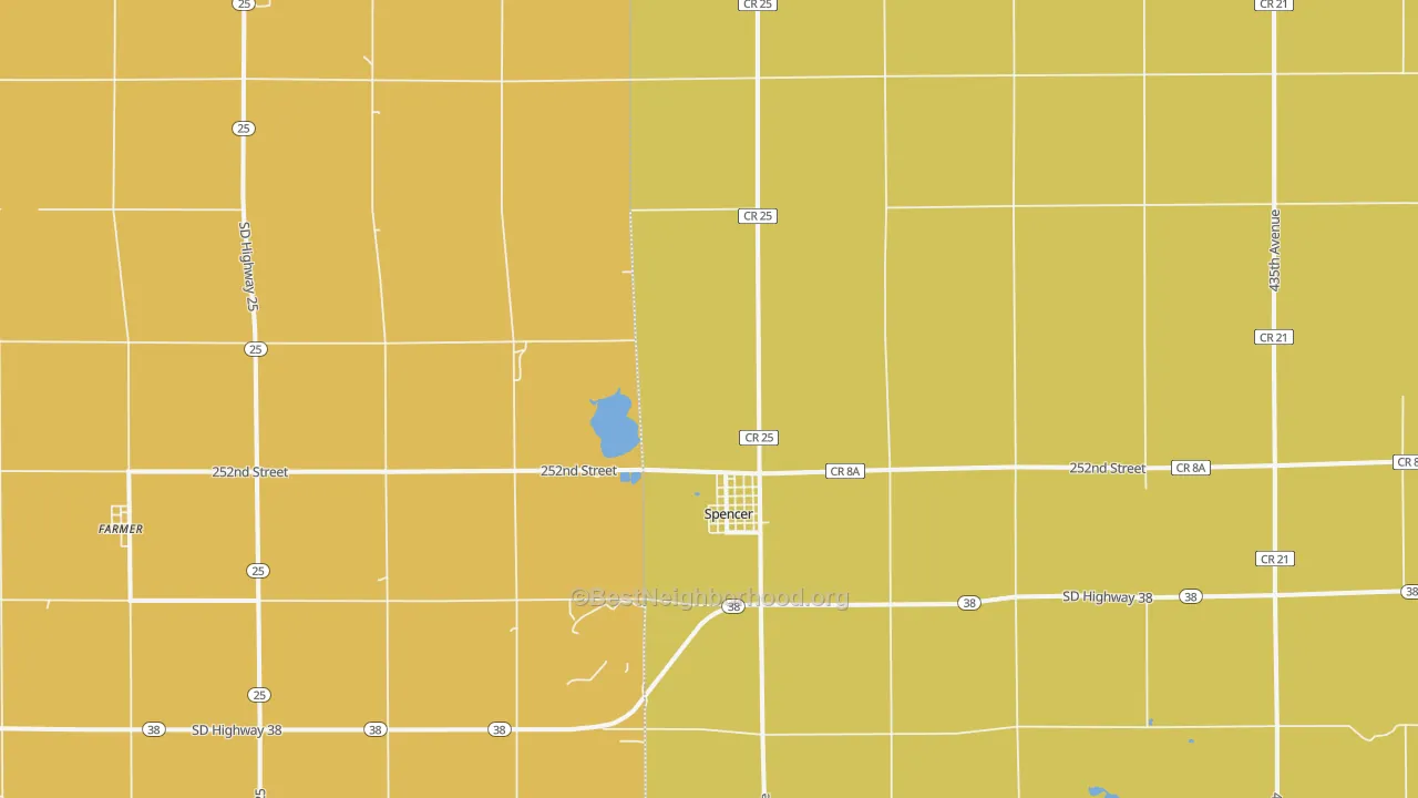 Map of the best neighborhoods in the 57374 area, with better matches in green and worse matches in red