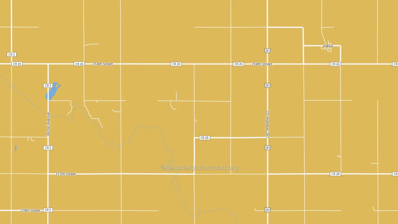 Map of the best neighborhoods in the 57379 area, with better matches in green and worse matches in red