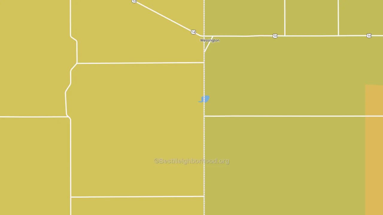 Map of the best neighborhoods in the 57381 area, with better matches in green and worse matches in red