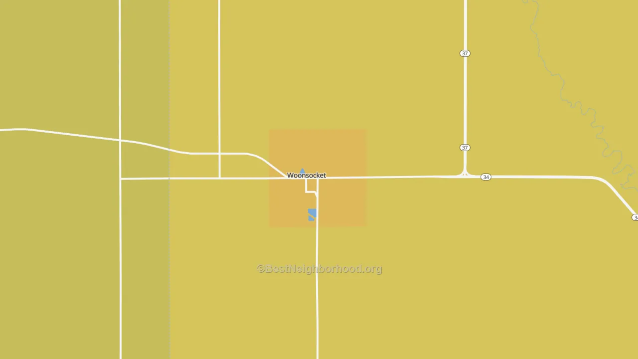 Map of the best neighborhoods in the 57385 area, with better matches in green and worse matches in red