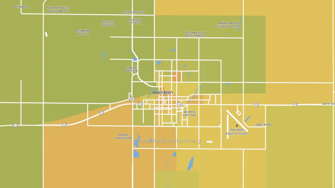 Map of the best neighborhoods in the 57401 area, with better matches in green and worse matches in red