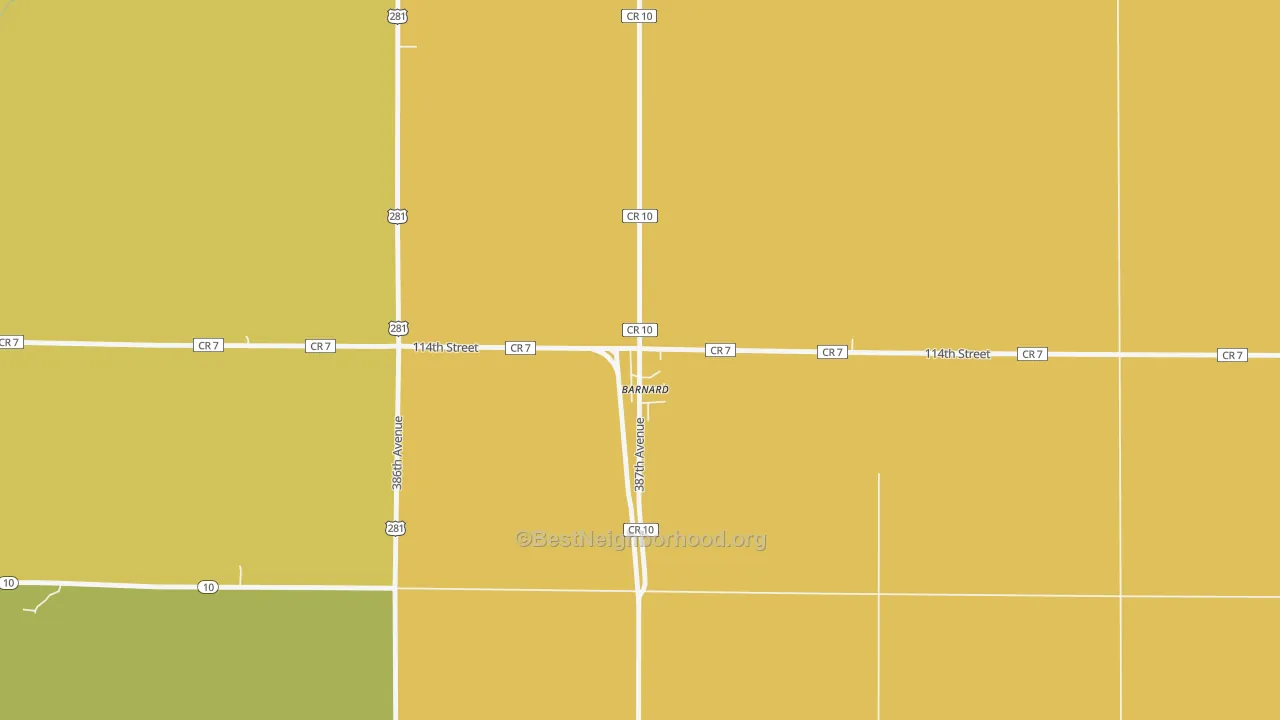 Map of the best neighborhoods in the 57426 area, with better matches in green and worse matches in red