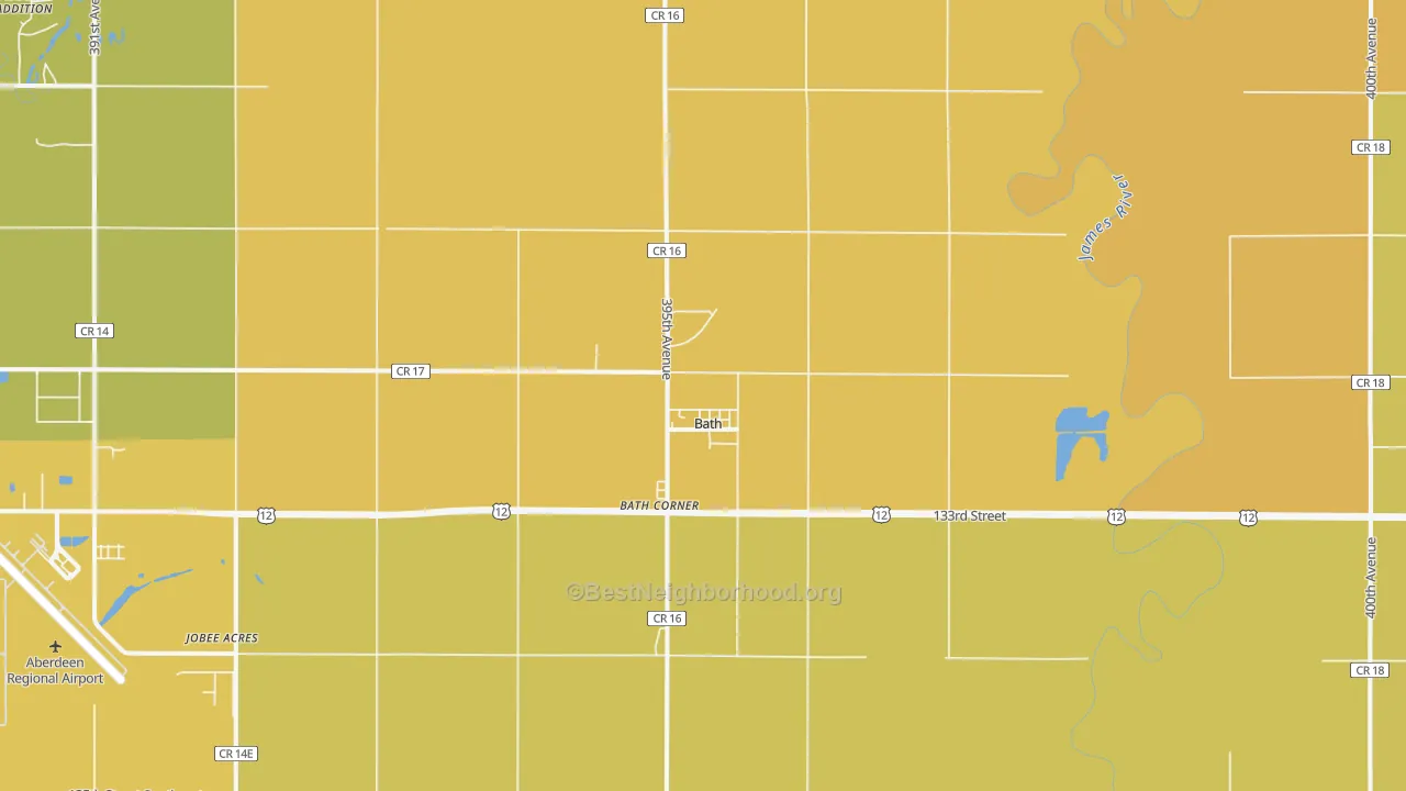 Map of the best neighborhoods in the 57427 area, with better matches in green and worse matches in red
