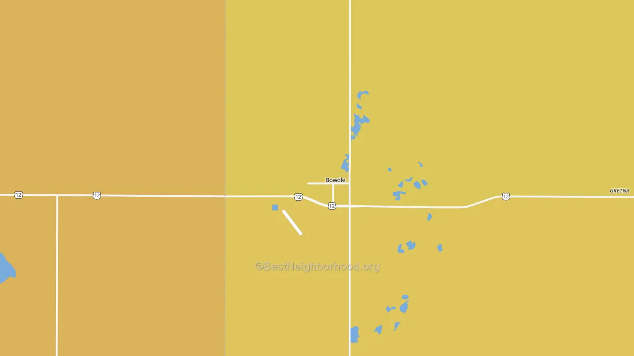 Map of the best neighborhoods in the 57428 area, with better matches in green and worse matches in red