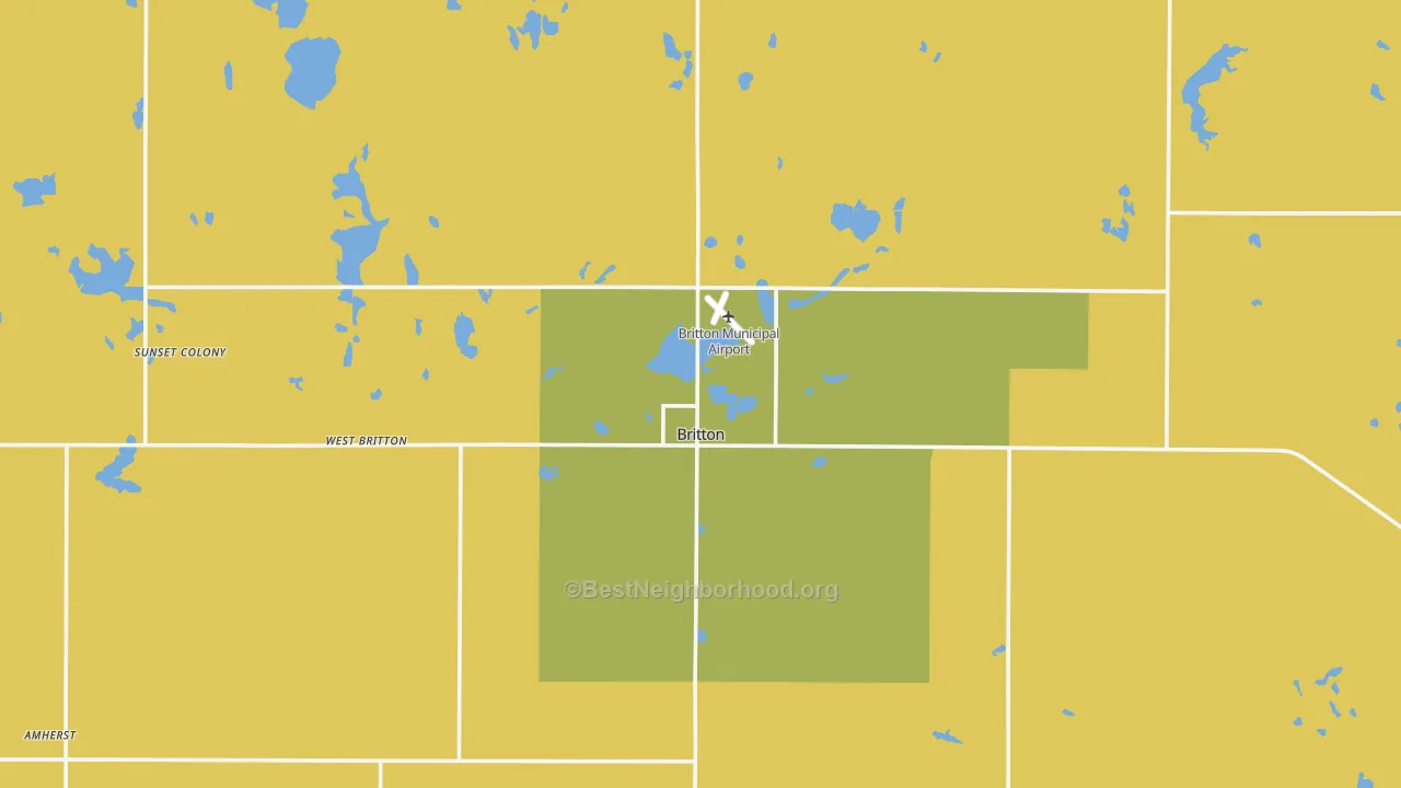 Map of the best neighborhoods in the 57430 area, with better matches in green and worse matches in red