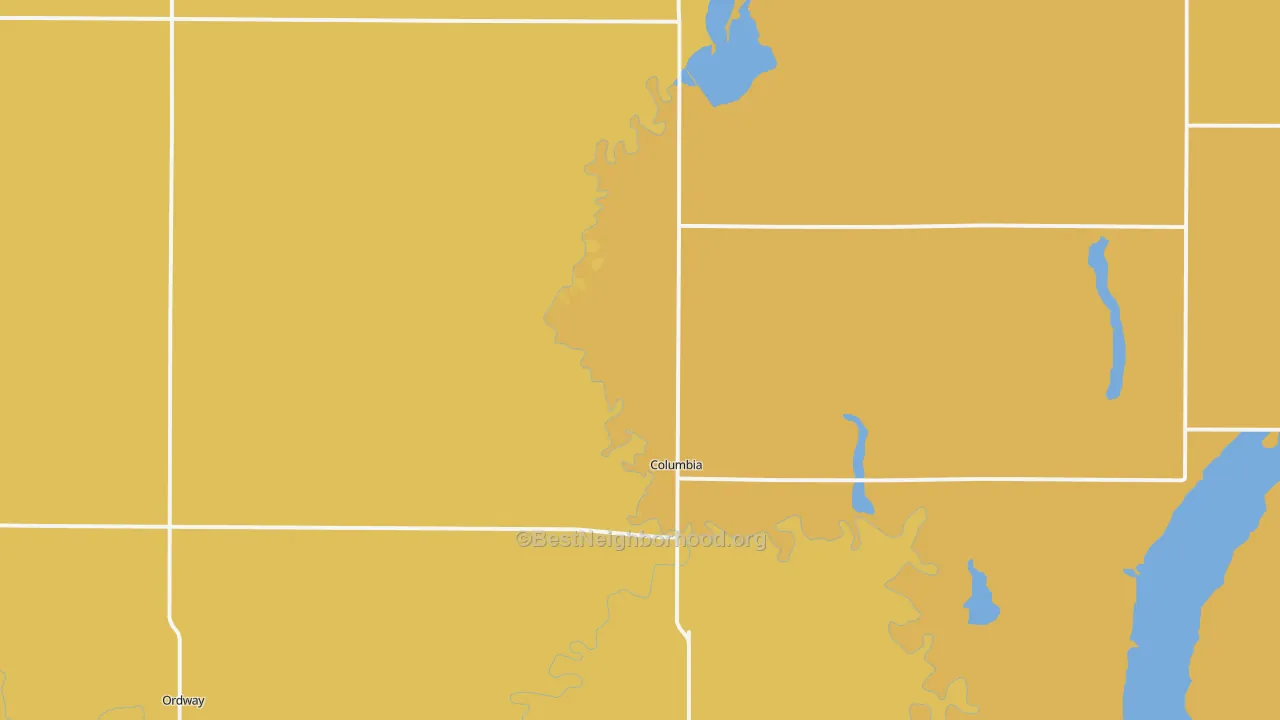 Map of the best neighborhoods in the 57433 area, with better matches in green and worse matches in red