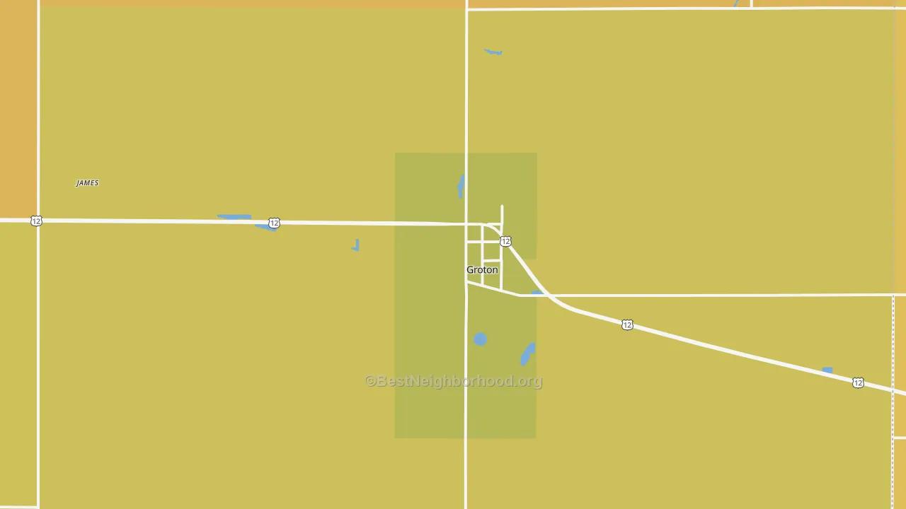 Map of the best neighborhoods in the 57445 area, with better matches in green and worse matches in red