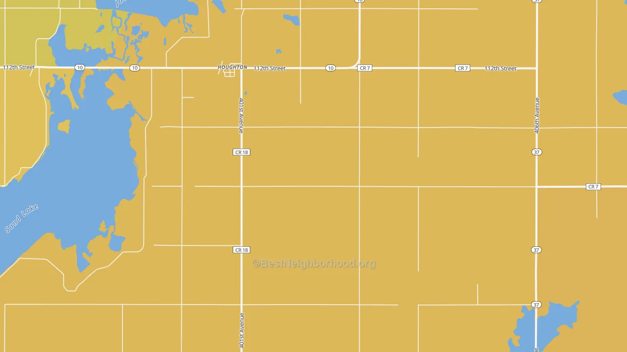 Map of the best neighborhoods in the 57449 area, with better matches in green and worse matches in red
