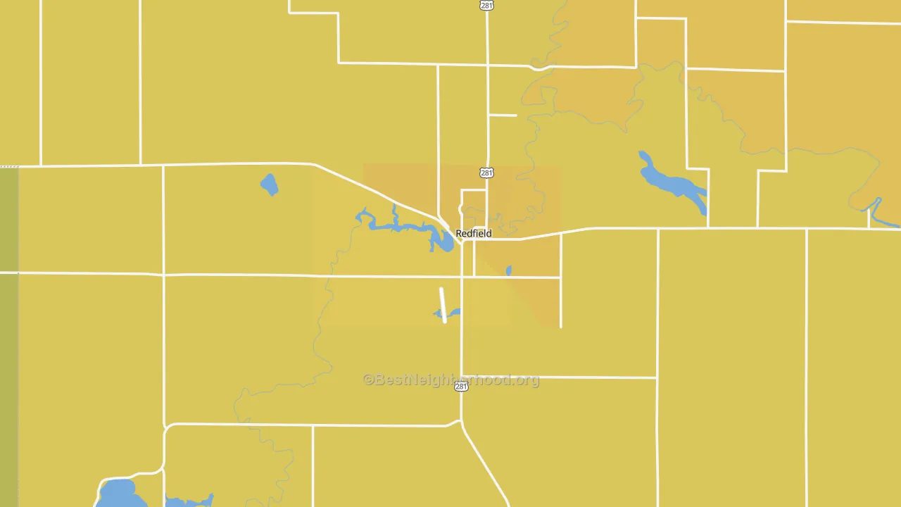 Map of the best neighborhoods in the 57469 area, with better matches in green and worse matches in red