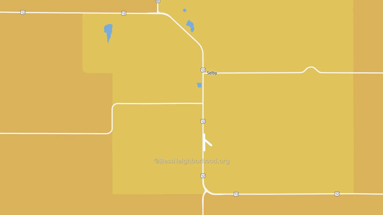 Map of the best neighborhoods in the 57472 area, with better matches in green and worse matches in red