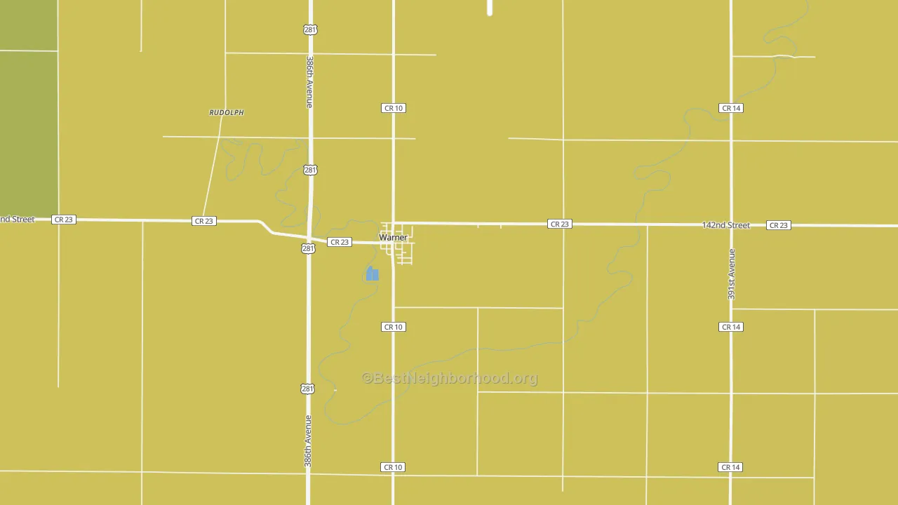 Map of the best neighborhoods in the 57479 area, with better matches in green and worse matches in red