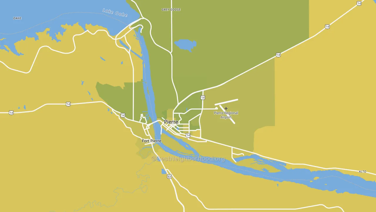 Map of the best neighborhoods in the 57501 area, with better matches in green and worse matches in red