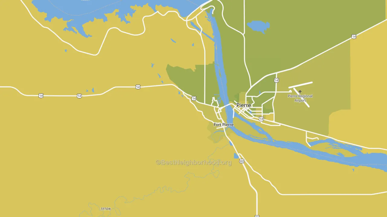 Map of the best neighborhoods in the 57532 area, with better matches in green and worse matches in red