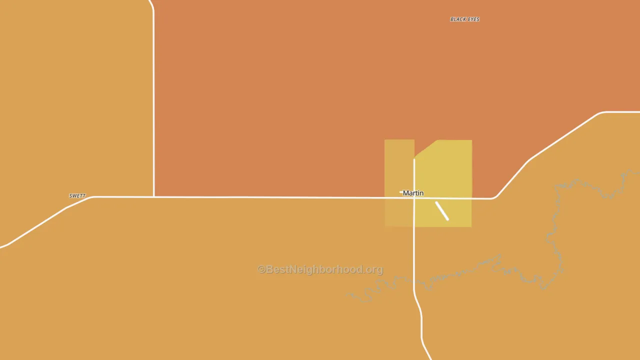 Map of the best neighborhoods in the 57551 area, with better matches in green and worse matches in red