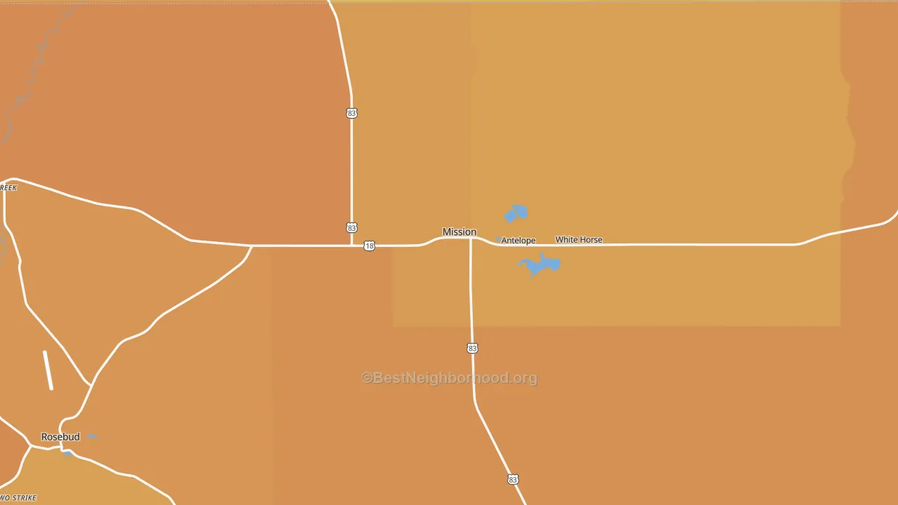 Map of the best neighborhoods in the 57555 area, with better matches in green and worse matches in red