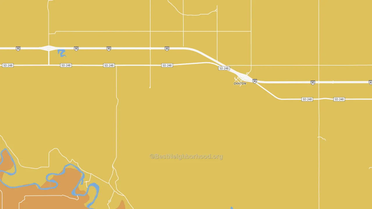Map of the best neighborhoods in the 57562 area, with better matches in green and worse matches in red