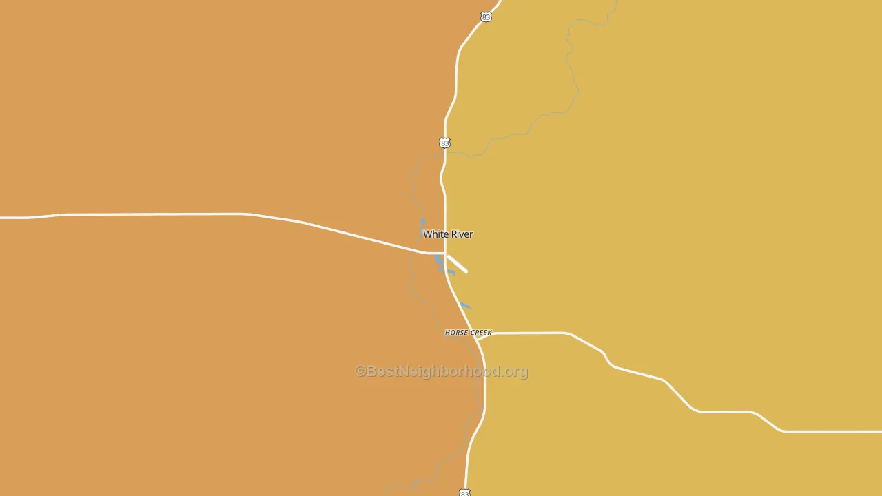 Map of the best neighborhoods in the 57579 area, with better matches in green and worse matches in red