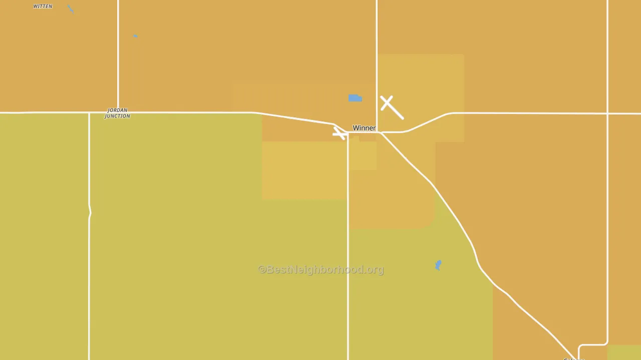 Map of the best neighborhoods in the 57580 area, with better matches in green and worse matches in red