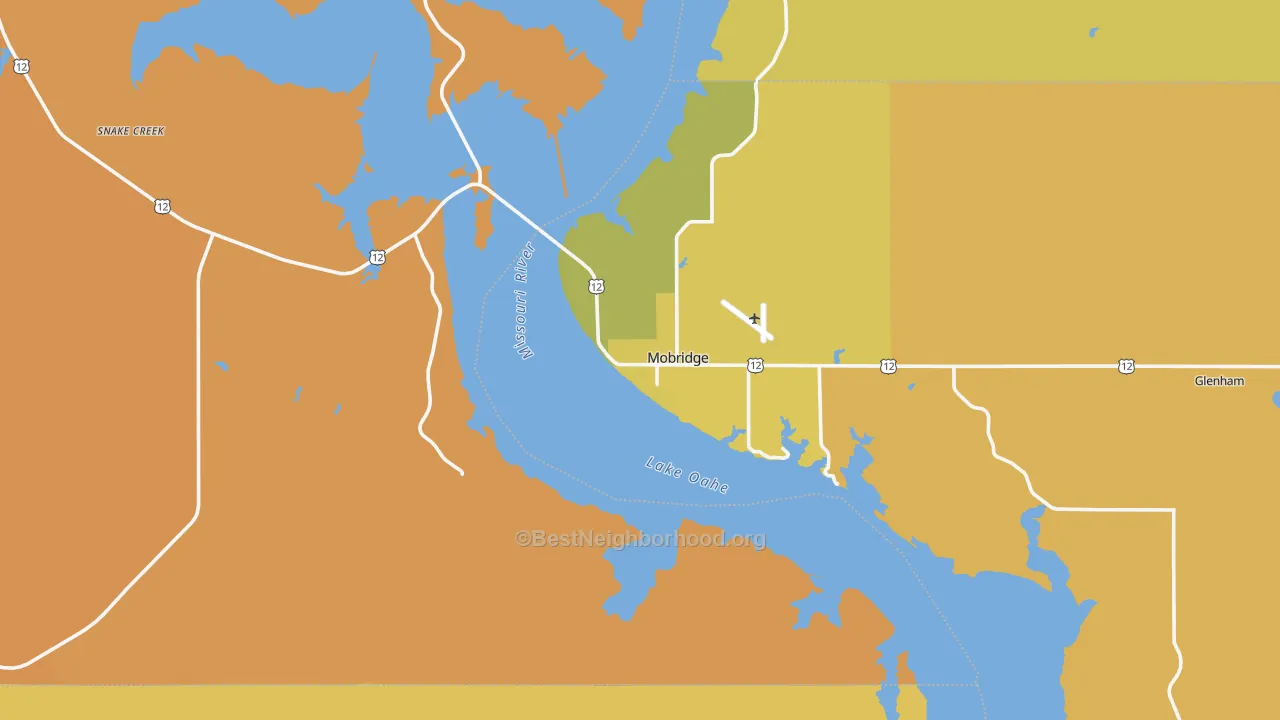 Map of the best neighborhoods in the 57601 area, with better matches in green and worse matches in red