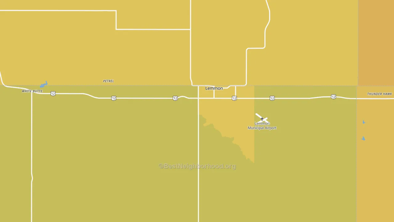 Map of the best neighborhoods in the 57638 area, with better matches in green and worse matches in red